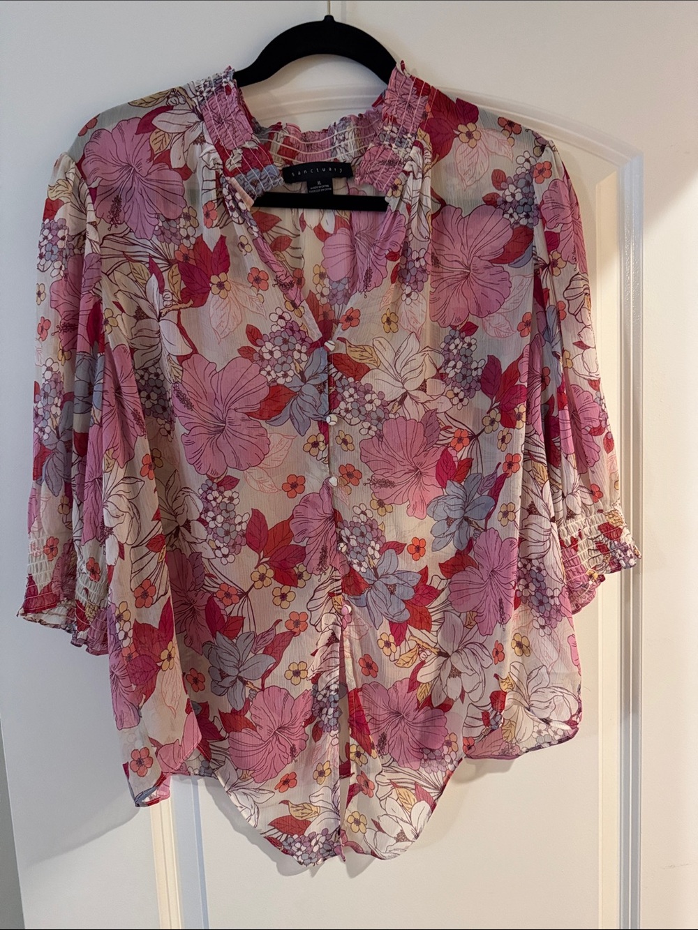 Sanctuary Pink Floral Sheer Button-Up Blouse